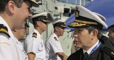 ET2014-0386-20 Rear Admiral Luis Alba Landevery, Peruvian Coast Guard, a delegate of the Maritime Security Challenges (MSC) conference is welcomed onboard HMCS VANCOUVER by command staff during a Royal Canadian Navy (RCN) familiarization tour at Canadian Forces Base (CFB) Esquimalt on 6 October 2014. The sixth iteration of the successful MSC conference, hosted by the Navy League of Canada at the Empress Hotel in Victoria, B.C. from 6 to 9 October 2014, addresses issues involving naval and maritime activities in the Asia-Pacific region. Image by Cpl Blaine Sewell, MARPAC Imaging Services