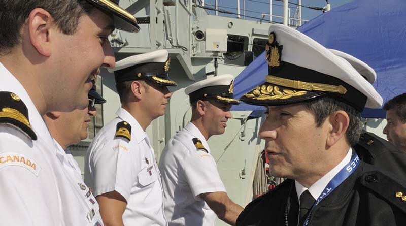 ET2014-0386-20 Rear Admiral Luis Alba Landevery, Peruvian Coast Guard, a delegate of the Maritime Security Challenges (MSC) conference is welcomed onboard HMCS VANCOUVER by command staff during a Royal Canadian Navy (RCN) familiarization tour at Canadian Forces Base (CFB) Esquimalt on 6 October 2014. The sixth iteration of the successful MSC conference, hosted by the Navy League of Canada at the Empress Hotel in Victoria, B.C. from 6 to 9 October 2014, addresses issues involving naval and maritime activities in the Asia-Pacific region. Image by Cpl Blaine Sewell, MARPAC Imaging Services